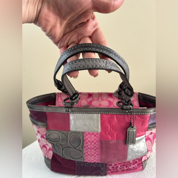 Coach Patchwork Shoulder Bag Purse Calico Pink Grey Metallic Leather Suede - Picture 4 of 13
